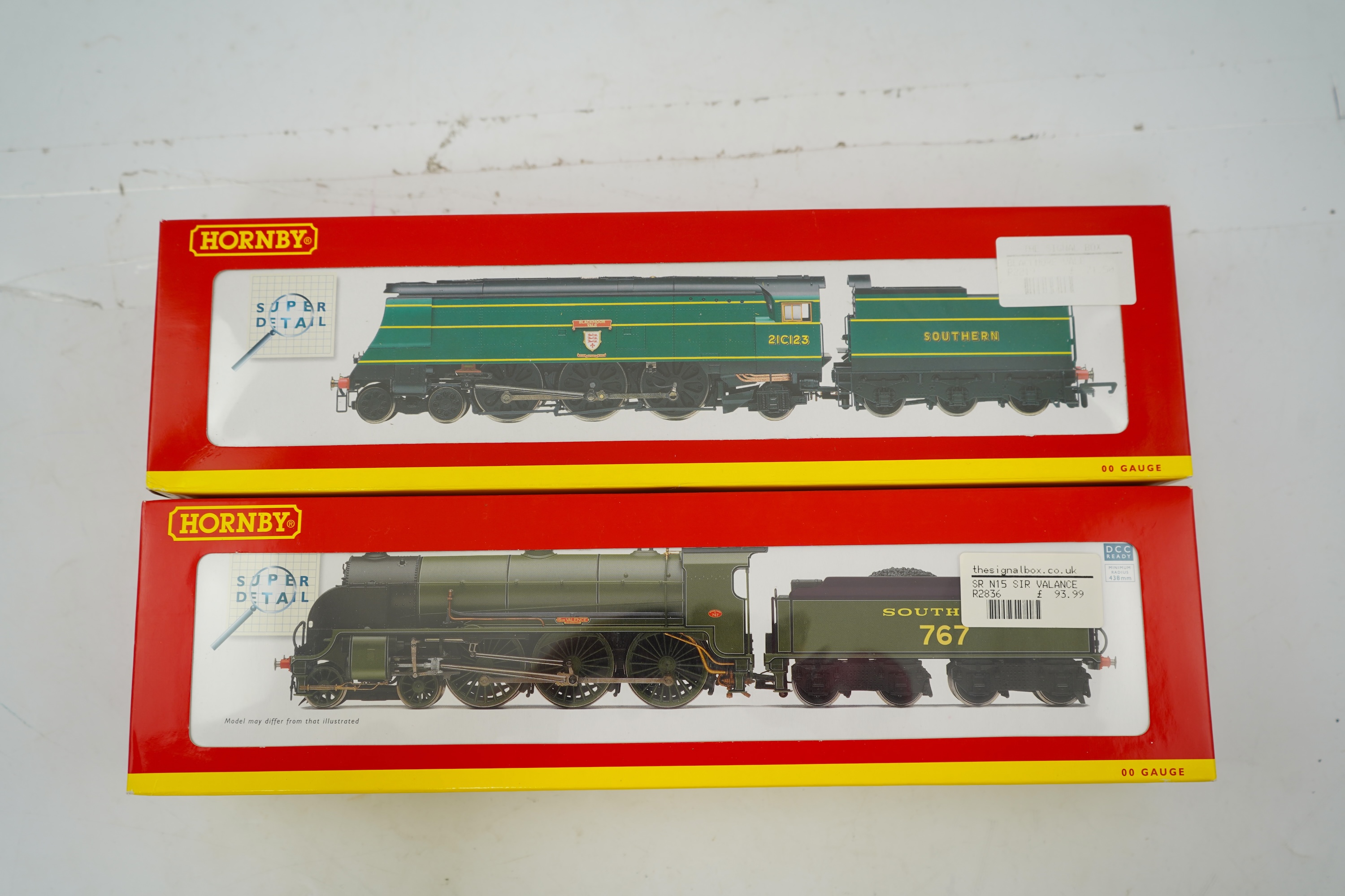 Two boxed Hornby Hobbies 00 gauge railway Southern Railway tender locomotives; a West Country Class, Blackmoor Vale 21C123, (R2219), together with a Class N15, Sir Valence 767, (R2836)